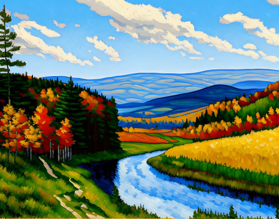 Colorful Autumn Landscape Painting with River and Blue Hills