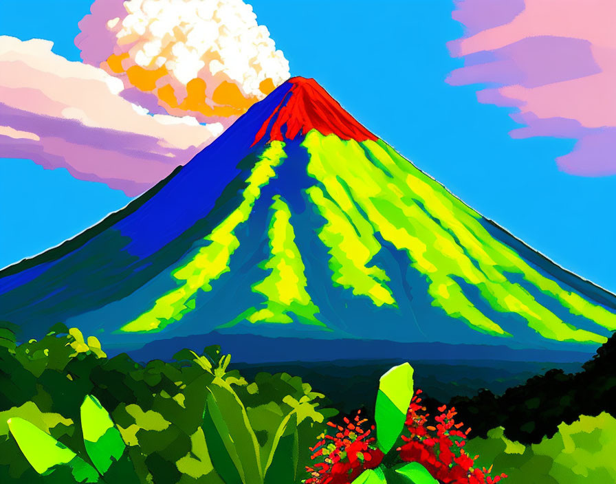 Colorful mountain landscape painting with red peak, blue sky, and greenery.