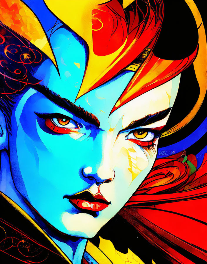 Colorful character with blue skin and fiery hair on vibrant backdrop