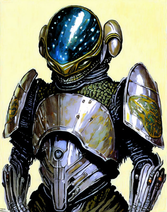 Futuristic knight in reflective armor on yellow background