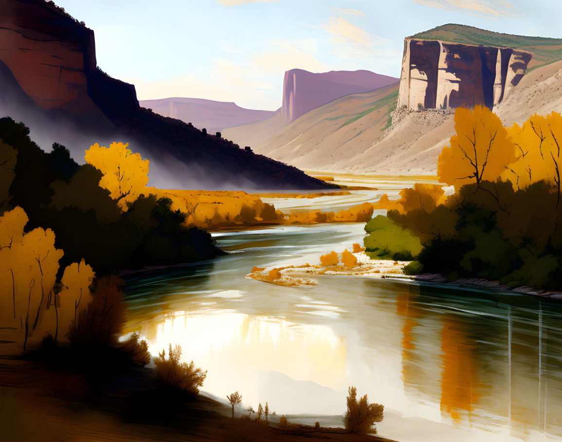 Tranquil autumn river scene with reflective waters and towering mesas