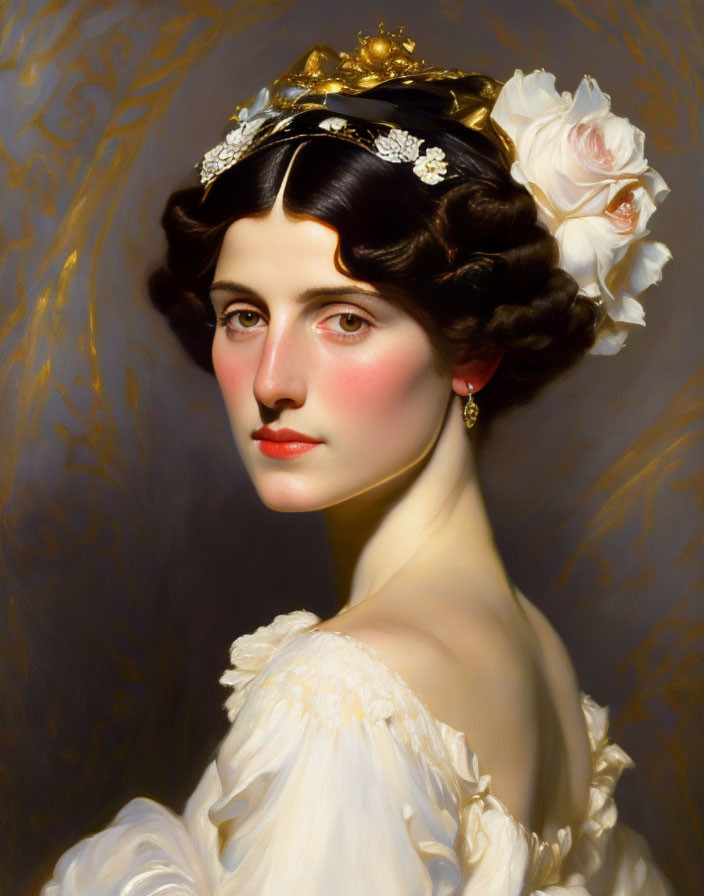 Portrait of woman with flower in hair, white dress, and bejeweled headband.