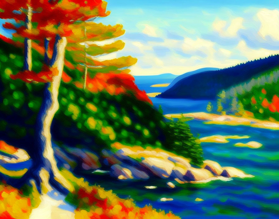 Vibrant Coastal Landscape with Autumnal Trees and Blue Water