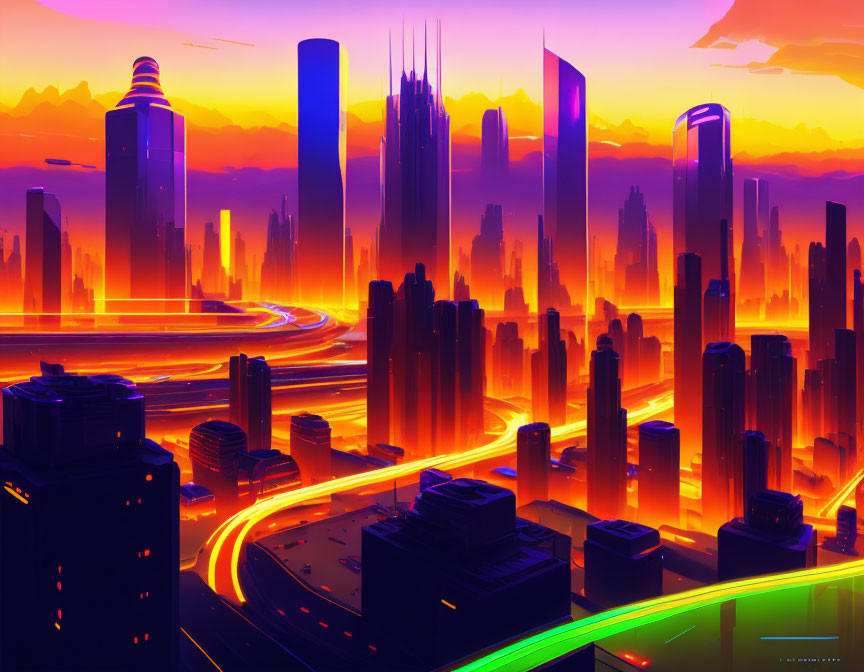 Futuristic neon-lit cityscape with sleek skyscrapers and illuminated highways