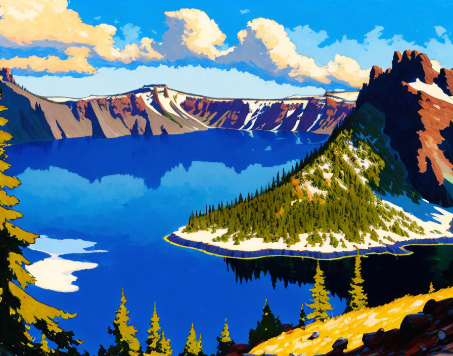 Scenic illustration of Crater Lake with Wizard Island, cliffs, forest, and blue sky