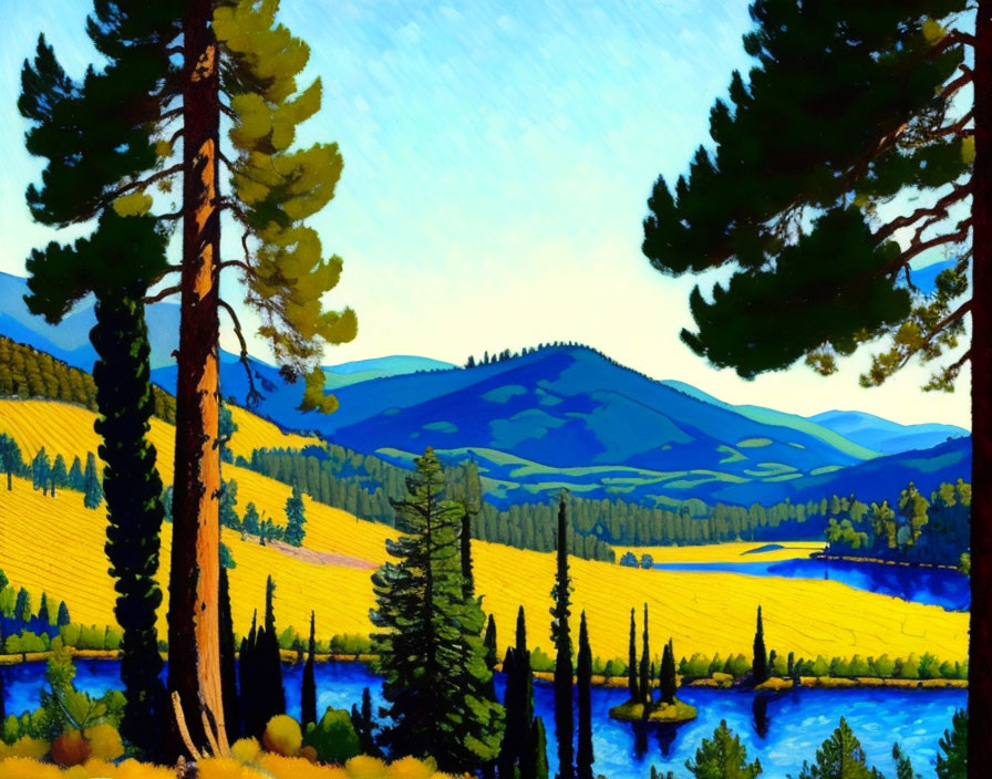 Stylized painting of lush landscape with pine trees, river, and hills