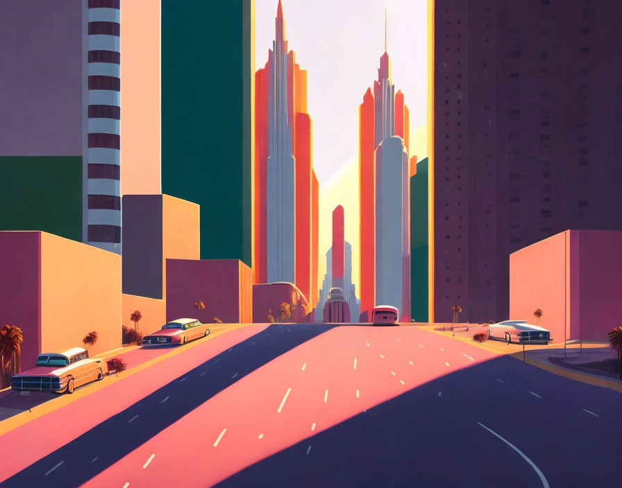 Colorful stylized cityscape with modern skyscrapers and vintage cars on wide road.