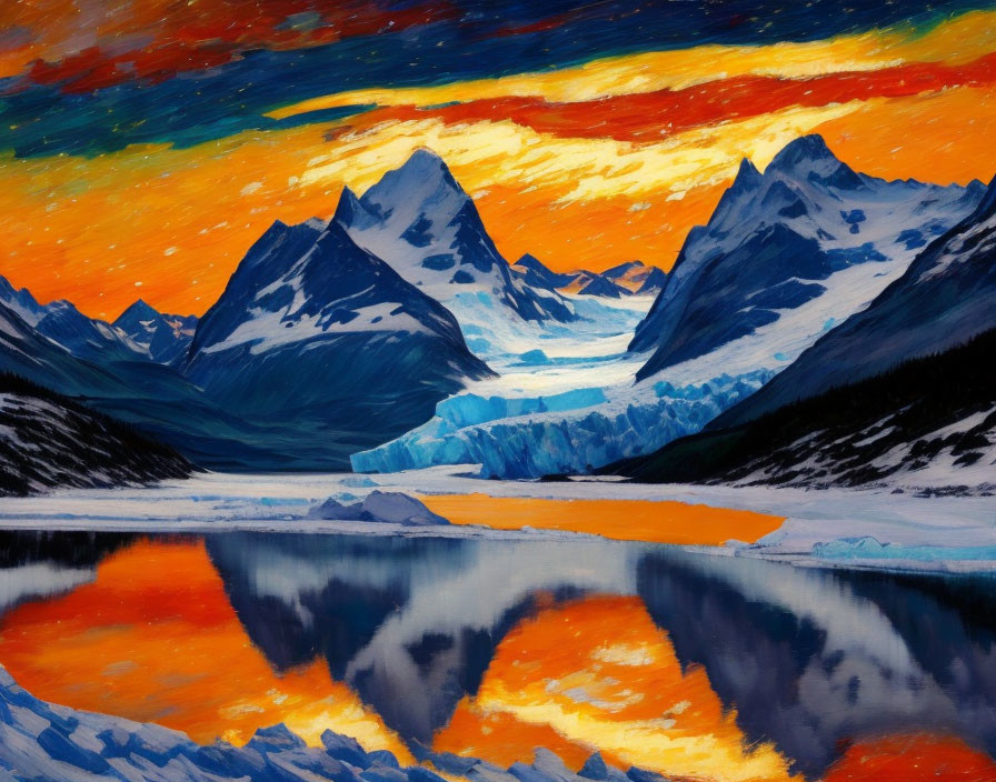 Mountainous Landscape Painting with Glacier and Fiery Sunset Sky