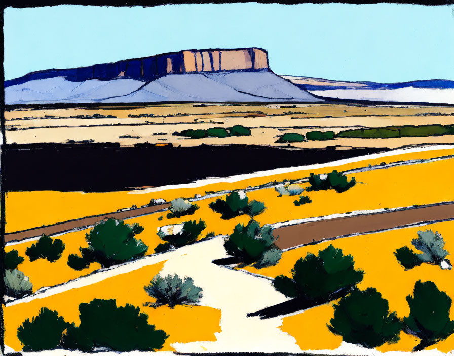 Desert landscape painting with yellow roads and mesa under blue sky