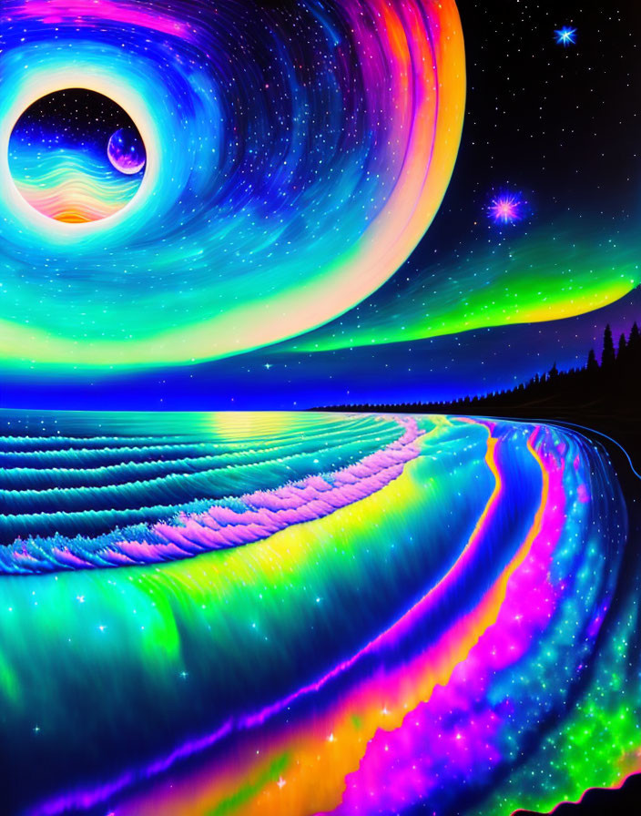 Neon-colored digital artwork of surreal landscape with swirling skies