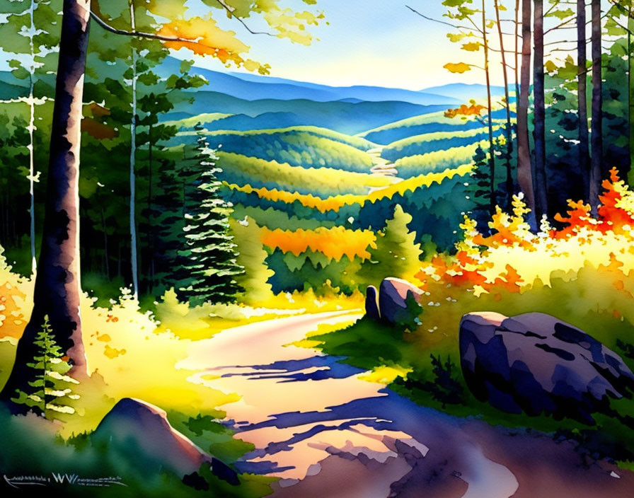 Colorful Watercolor Landscape: Forest Path, Layered Hills, Bright Sky