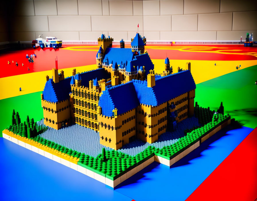 Colorful Lego Castle on Multicolored Mat with Miniature Figures & Vehicles