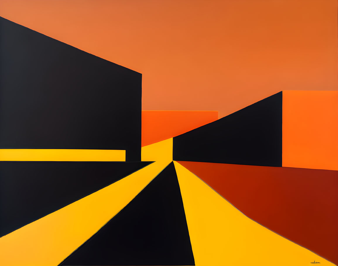 Geometric abstract painting with black, orange, and yellow blocks