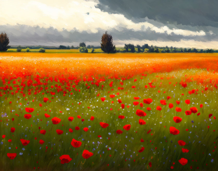 Impressionistic red poppy field under dramatic sky