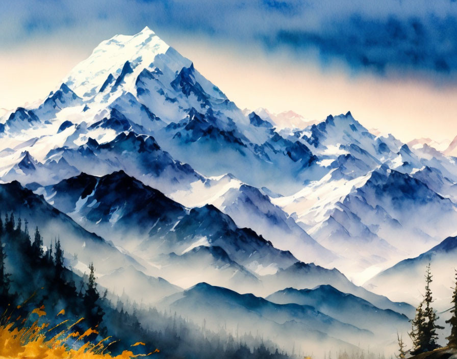 Majestic snow-capped mountain in vibrant watercolor