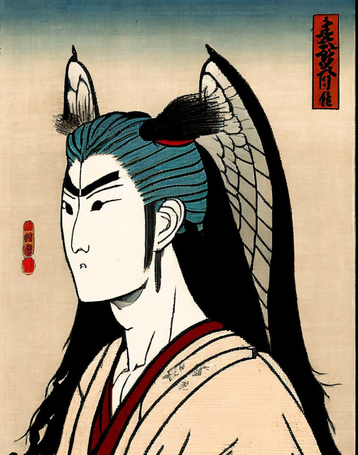 Traditional Japanese woodblock print of kabuki actor in dramatic makeup, kimono, and elaborate hairstyle