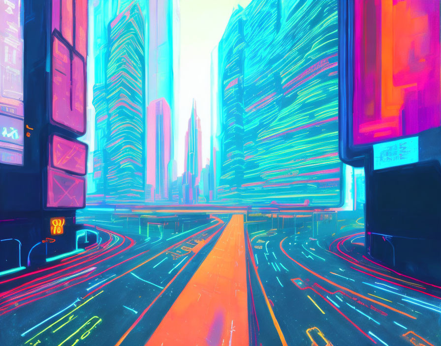 Futuristic cityscape with neon lights and skyscrapers