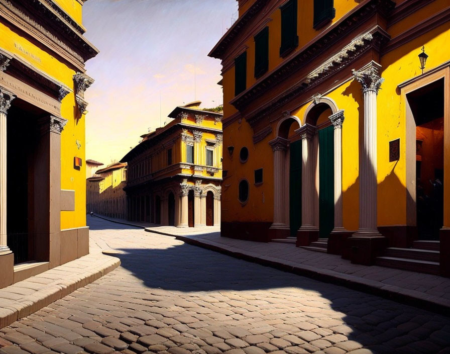 Empty sunlit cobblestone street with yellow buildings and green doors.