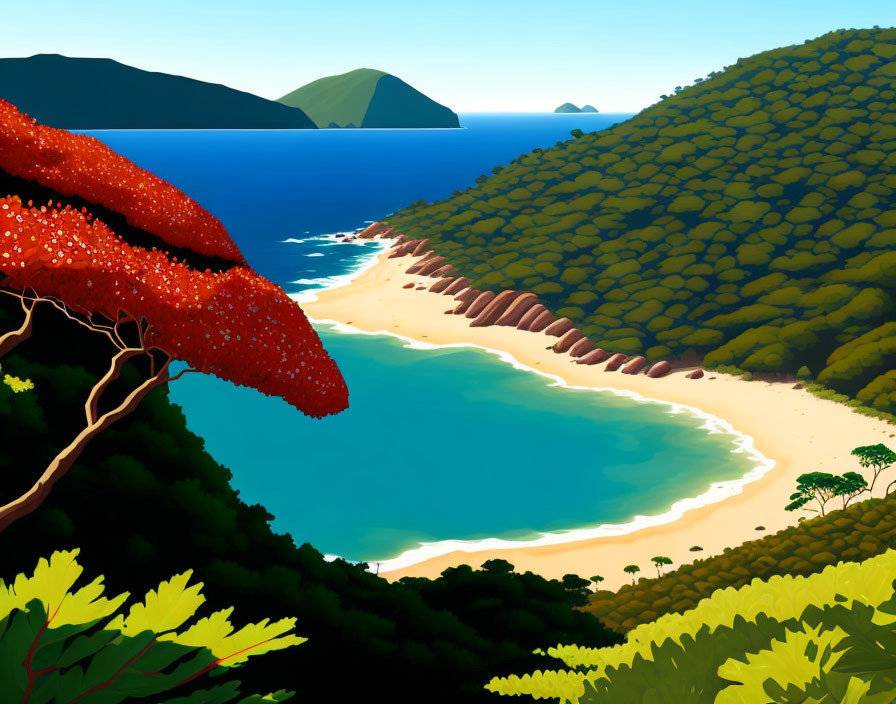 Scenic illustration of secluded beach with crystal waters and lush green hills