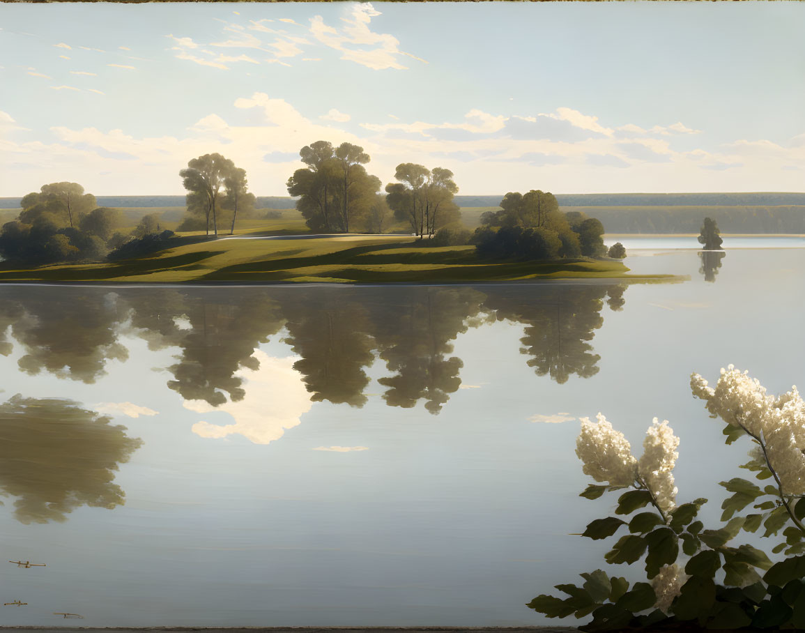 Tranquil landscape: Grove of trees on peninsula, calm lake, soft sunlight, hazy sky