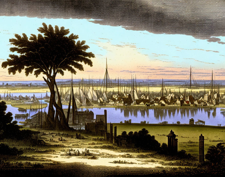 Vintage illustration of tranquil riverside scene at dusk with boats and tree.