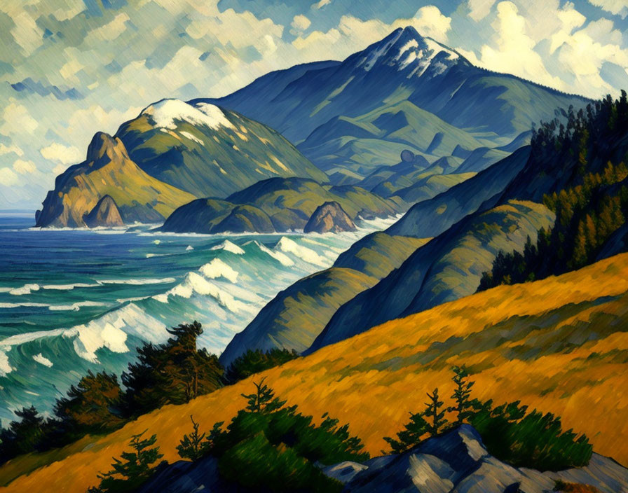 Vibrant Coastal Landscape Oil Painting with Rolling Hills and Waves