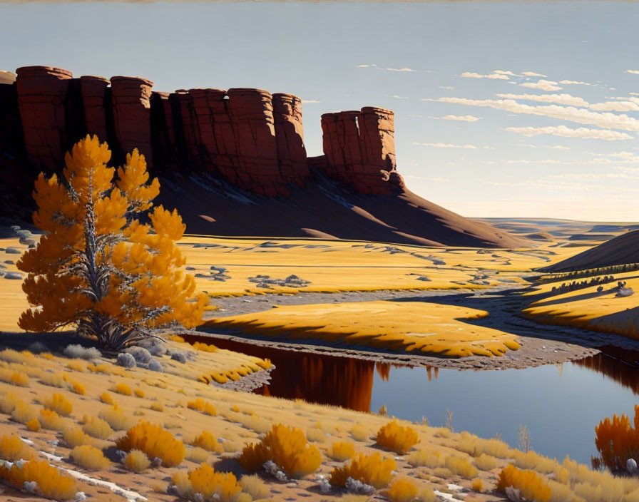 Tranquil landscape with red rock formations, river, and golden foliage