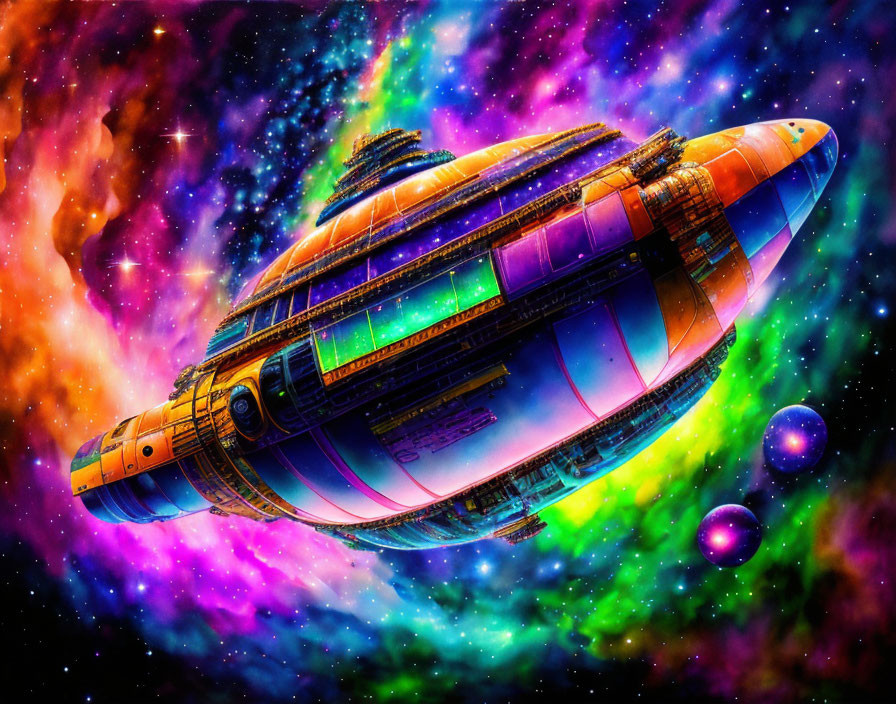 Colorful Futuristic Spaceship Soaring Through Psychedelic Nebula