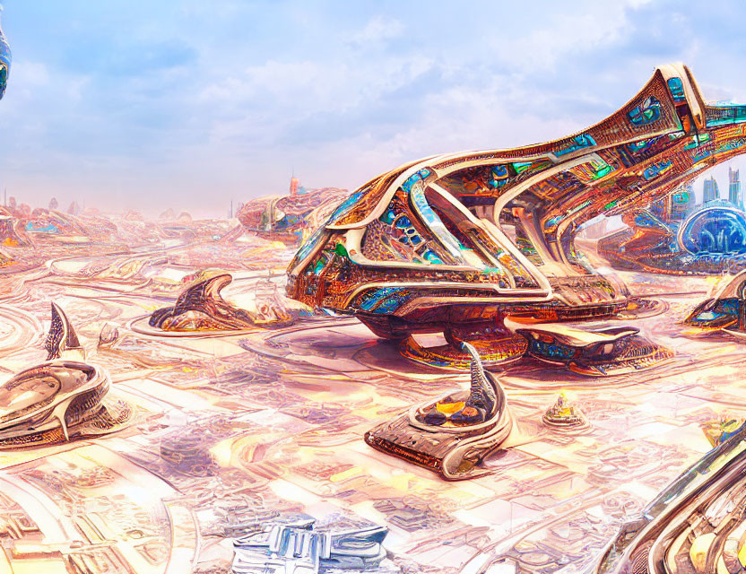 Futuristic cityscape with organic vehicles & flowing architecture