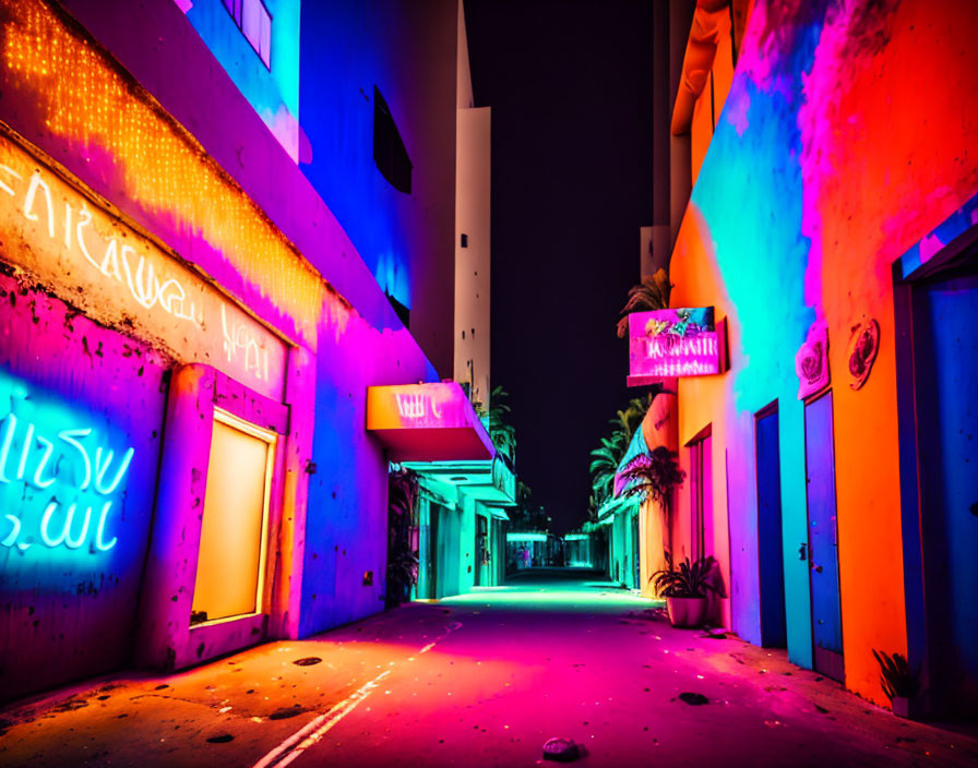 Colorful neon-lit alleyway at night with vibrant lights reflecting on buildings and ground