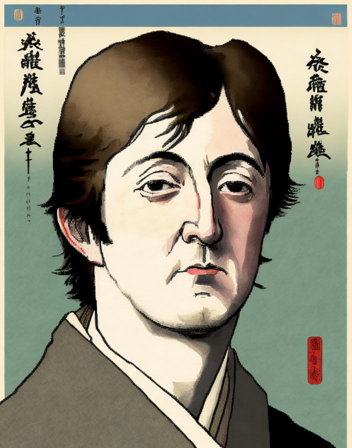 Portrait in Japanese ukiyo-e style: Western man with dark hair and serious expression surrounded by Japanese