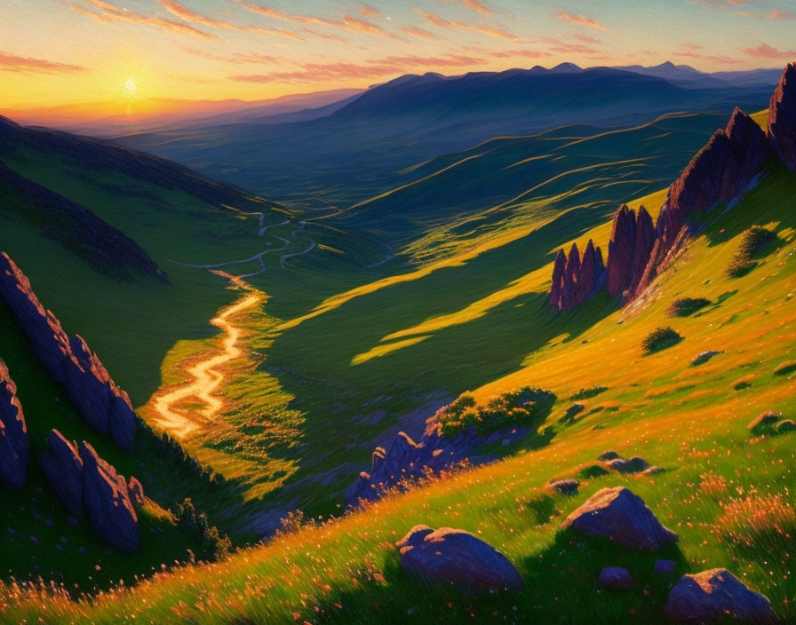 Scenic sunrise over lush valley with river, hills, and cliffs