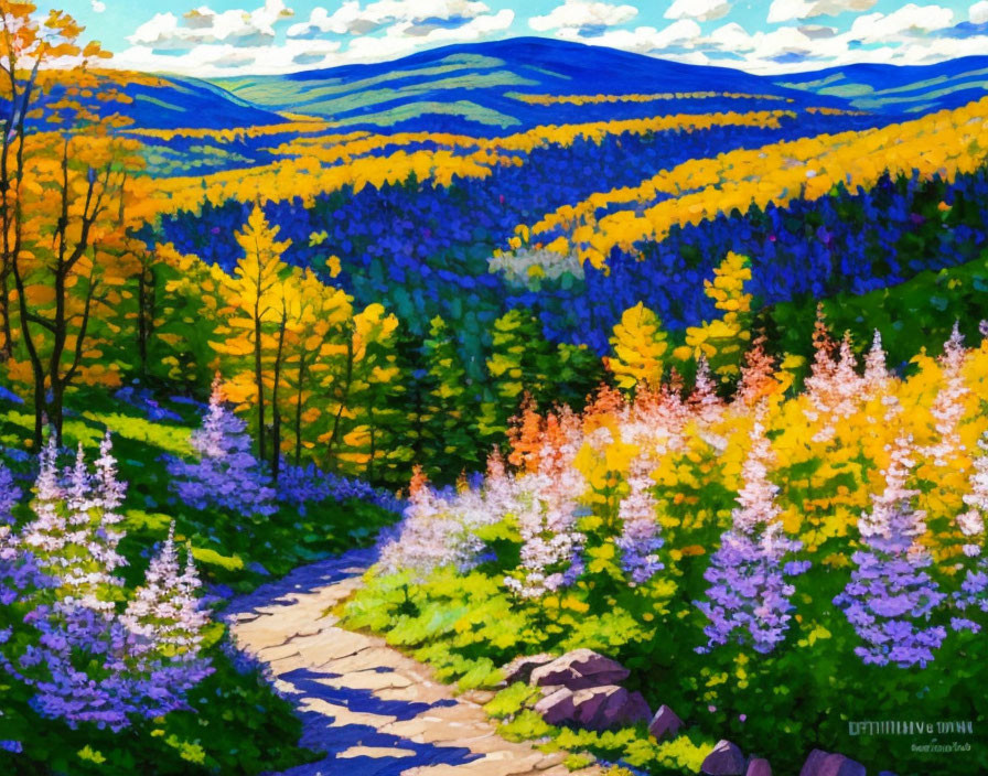 Colorful Forest Path Painting with Autumn Foliage and Wildflowers