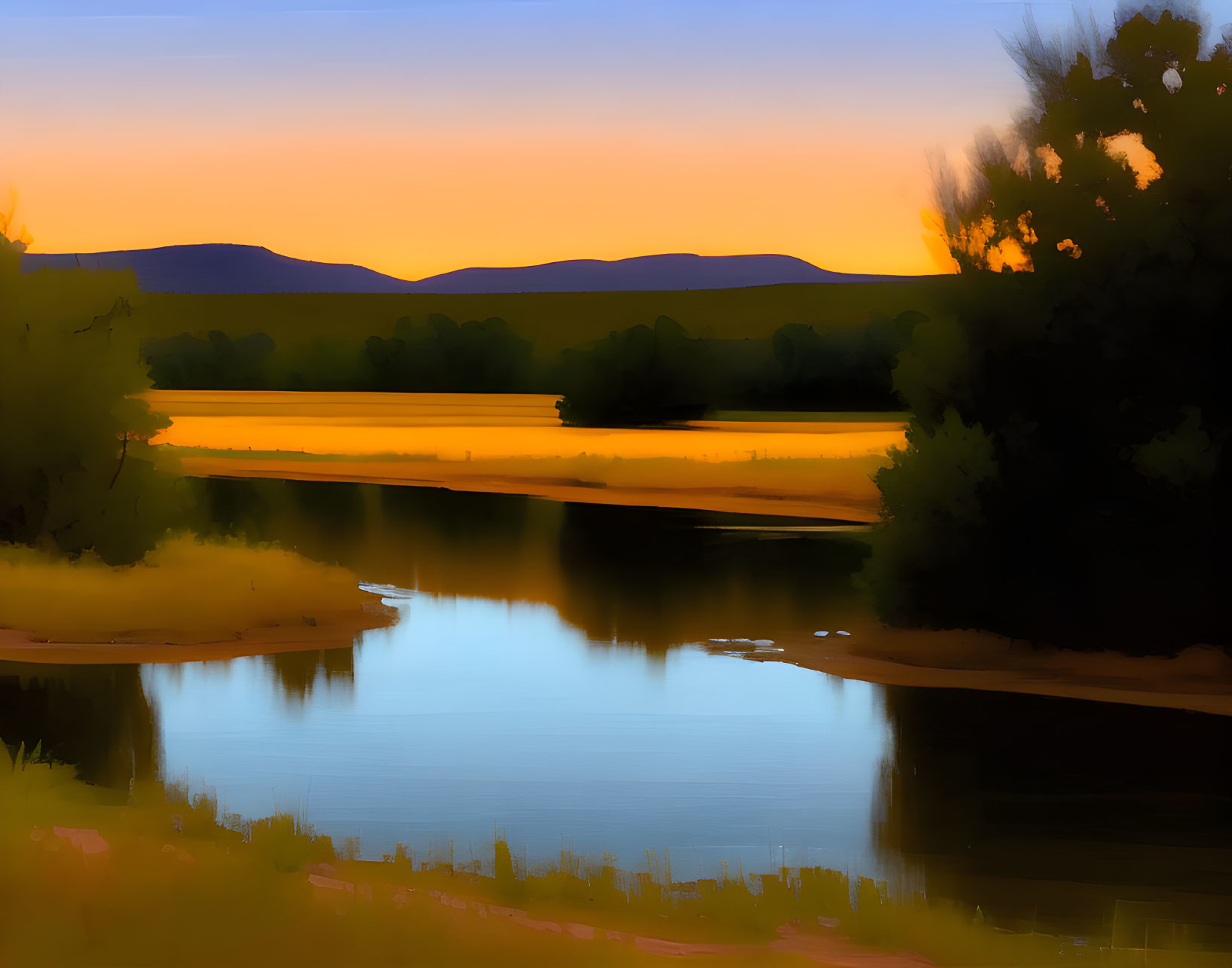 Tranquil sunset with orange and blue hues reflecting on river