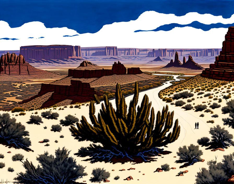 Vivid desert landscape with rock formations and winding path