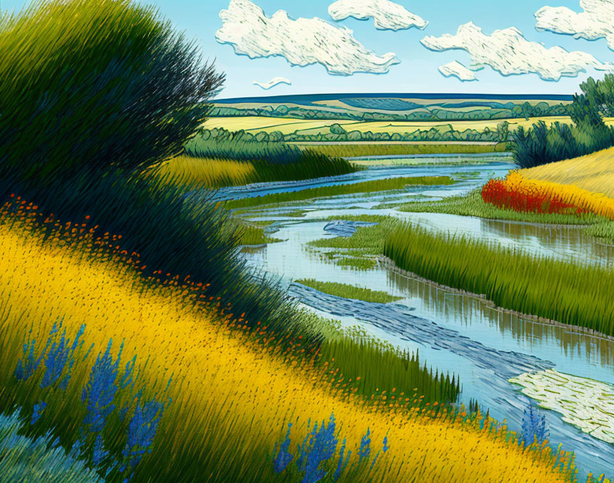 Colorful Stylized Landscape Artwork with River and Fluffy Clouds