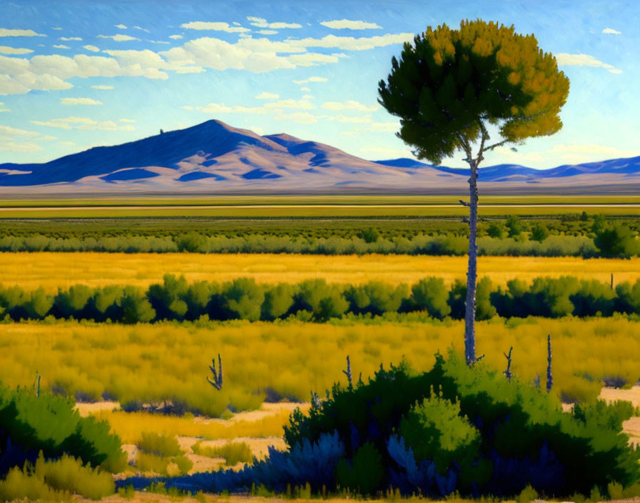 Solitary tree in golden fields, greenery, and blue mountains