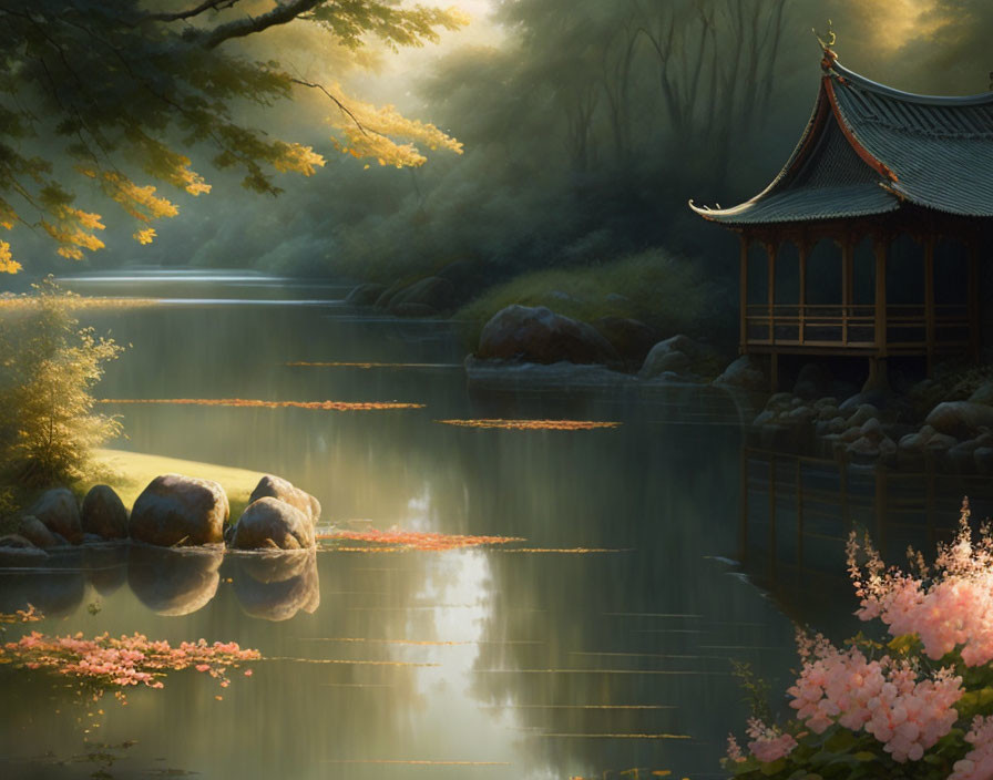 Tranquil river scene with pagoda, blooming flowers, and soft sunlight