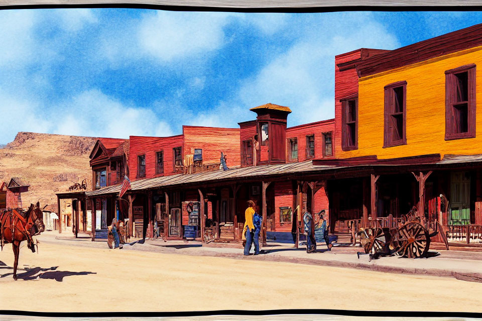 Vibrant Old West town scene with dusty street, wooden buildings, and carriage.