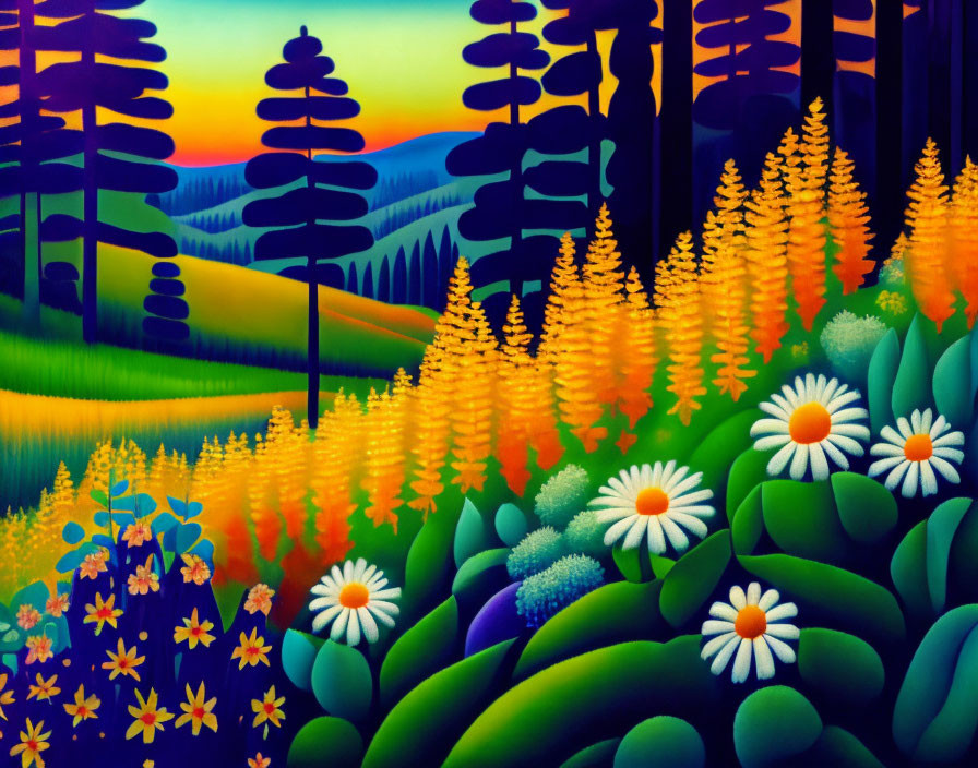 Colorful forest painting with daisies, vibrant trees, and twilight sky