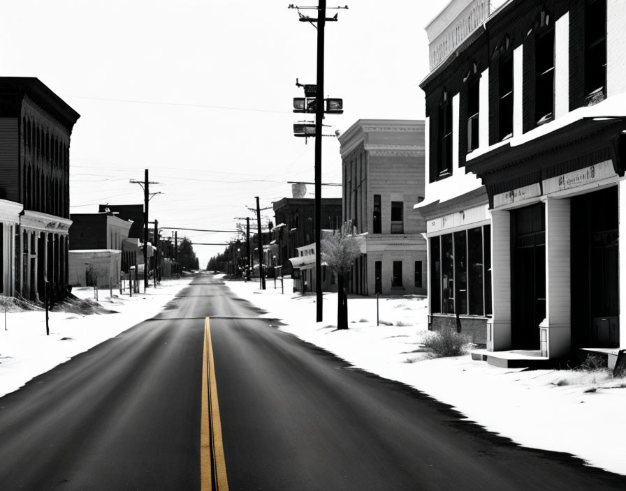 Snowy Street in Quiet Town with Buildings and Leafless Trees