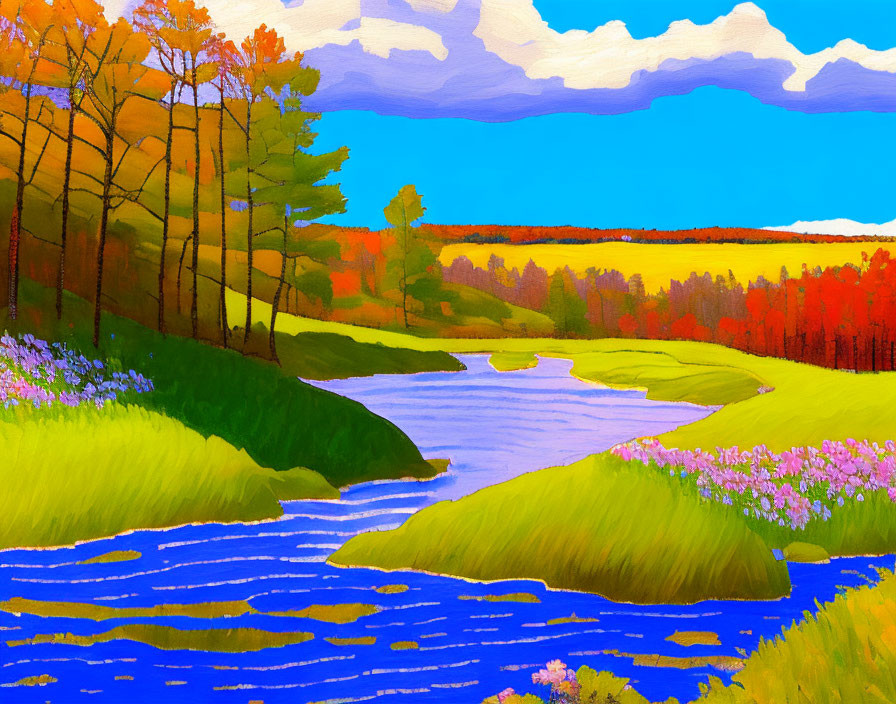 Colorful landscape painting: meandering river, green banks, wildflowers, autumn trees, cloudy sky