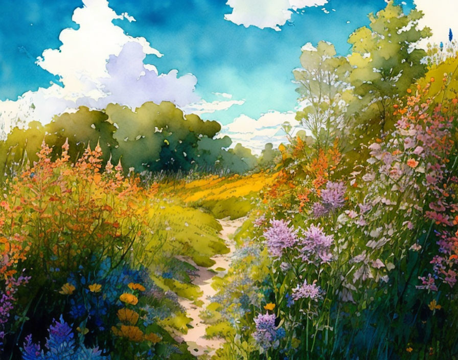 Vibrant watercolor painting: Wildflower meadow & winding path under bright sky