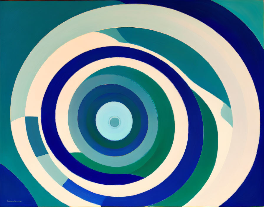 Abstract Painting: Blue, Green, and White Concentric Circles Optical Illusion