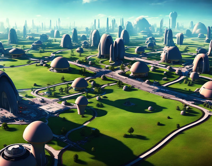 Futuristic Cityscape with Domed Buildings and Green Parks