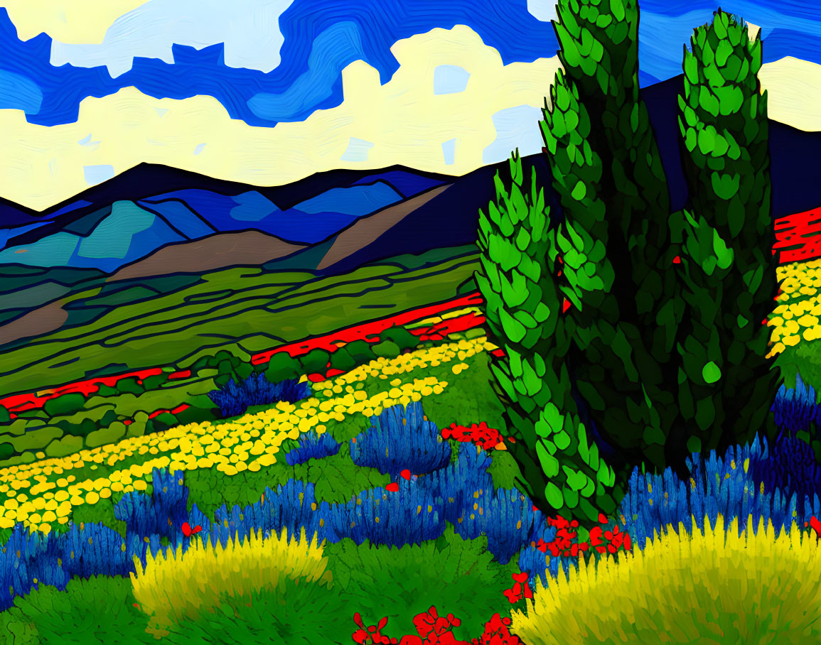 Vibrant landscape painting: floral fields, distant mountains, large cactus, bold blue sky