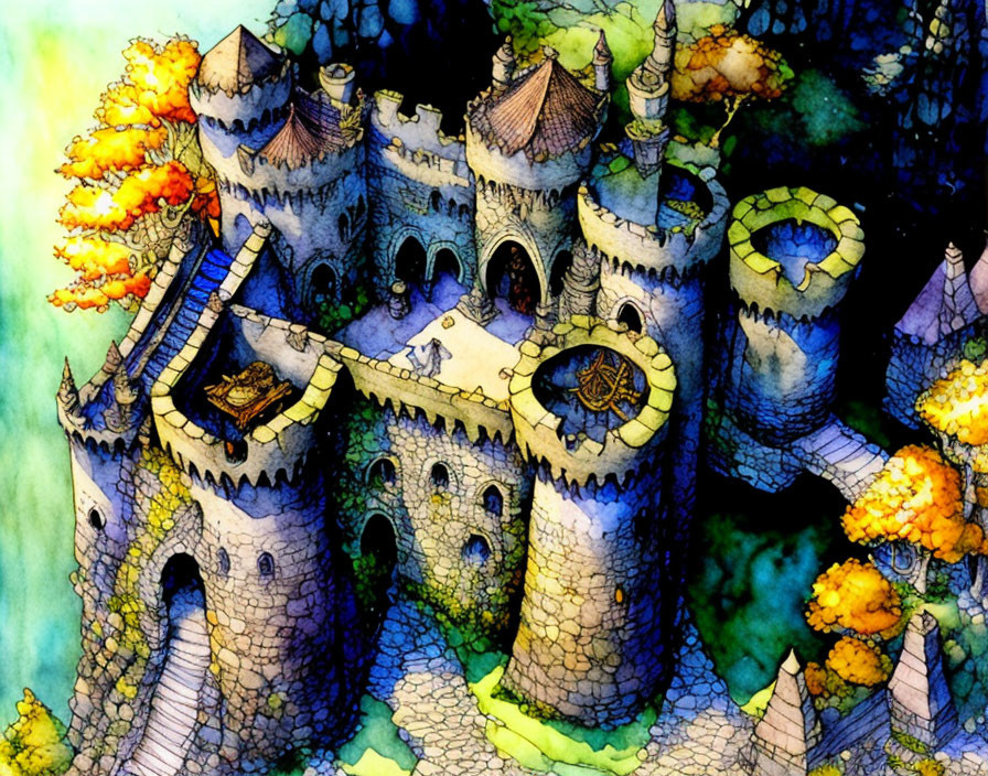 Whimsical castle with towers and autumn trees