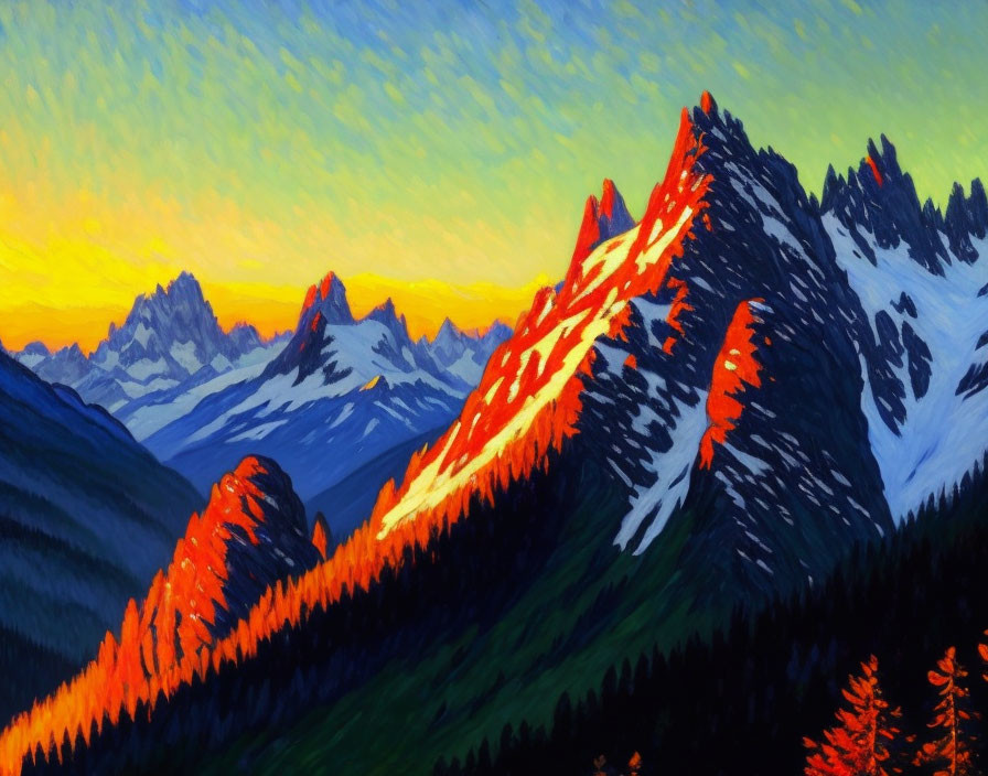 Scenic mountain range painting at sunrise with red-orange peaks against blue and yellow-orange sky