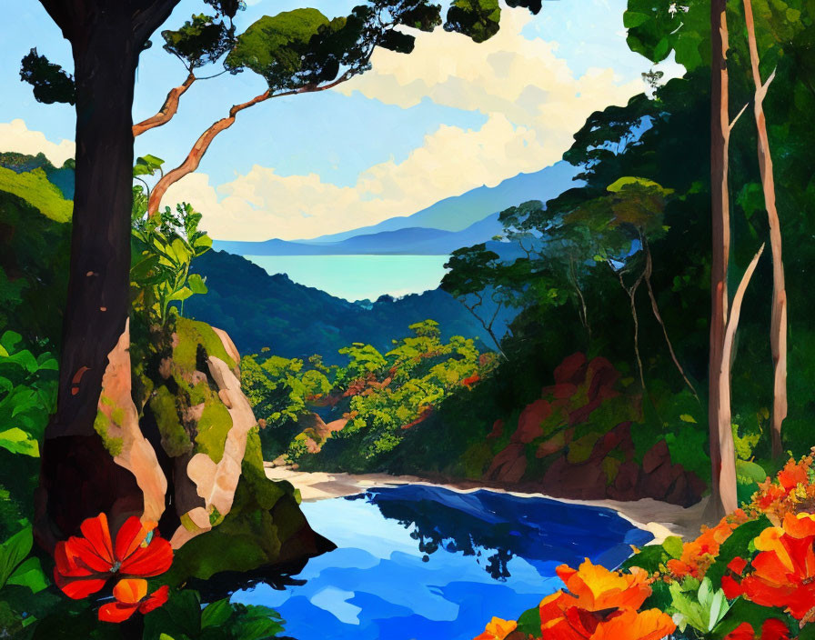 Colorful forest painting with tall trees, flowers, and river scenery