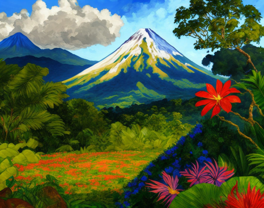 Colorful Landscape Painting with Snow-Capped Mountain and Flowers